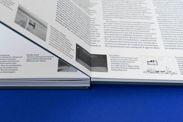 A book spread of the book »Littoral« on a bright blue background. A page is beaing turned.