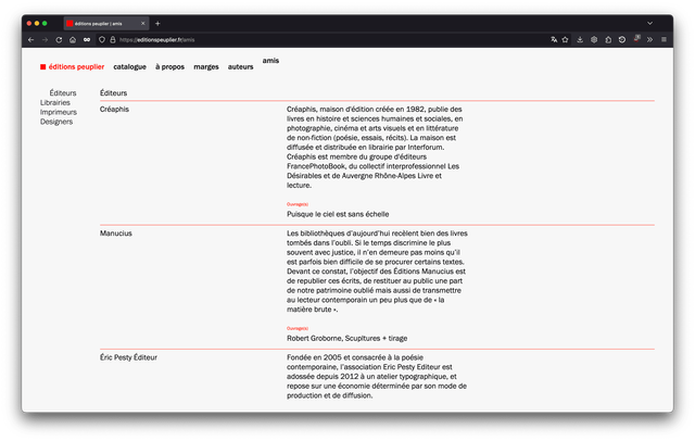 A screenshot of a website. It shows the page »amis« of editions peuplier, starting with the entry »Creaphis«.