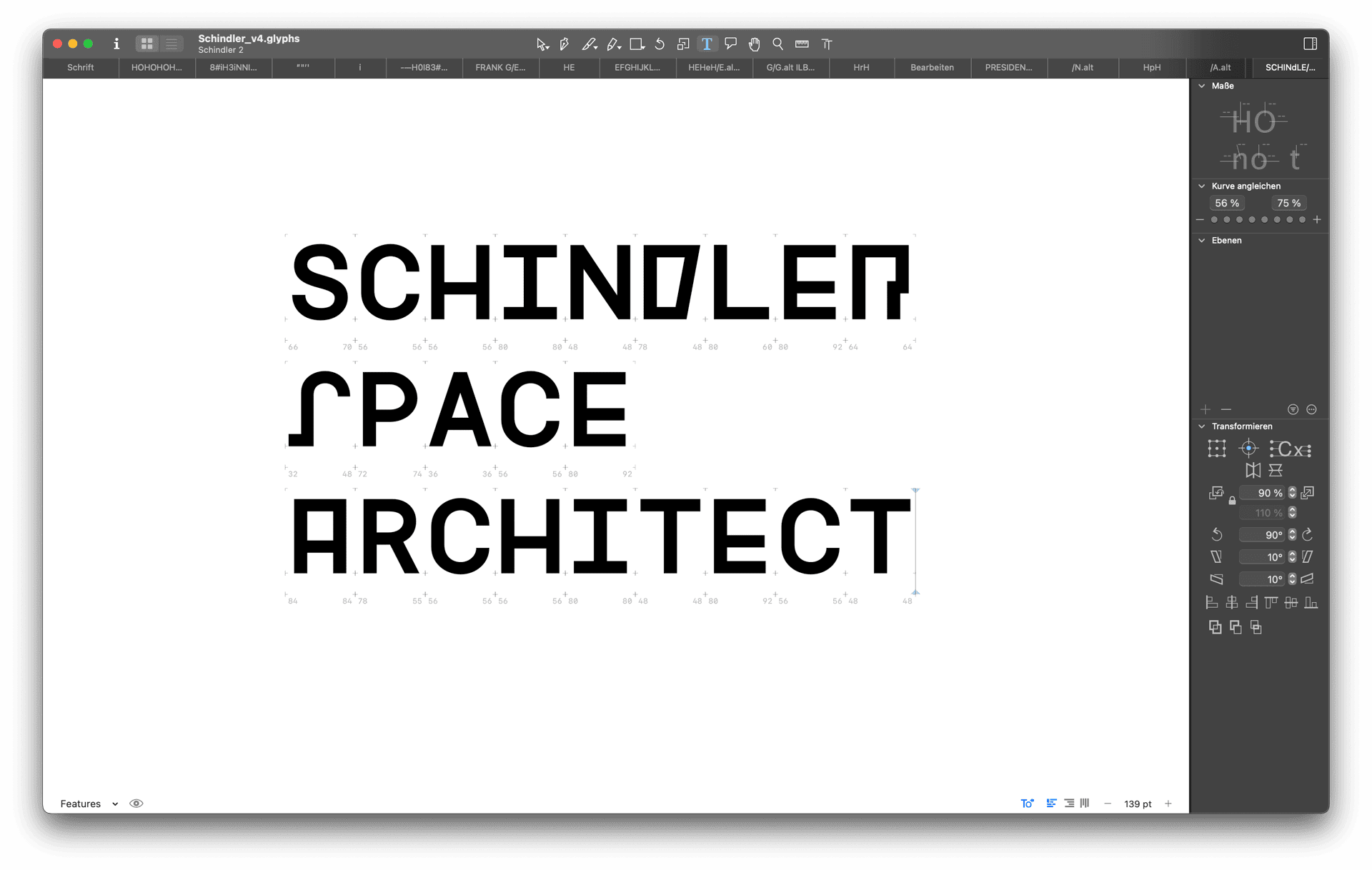 A screenshot of the font design software Glyphs. It shows the film title »Schindler Space Architect« written in all caps in a font that is inspired by architect R.M. Schindler’s letters which are themselves informed by letters designed in the 20s and 30s.