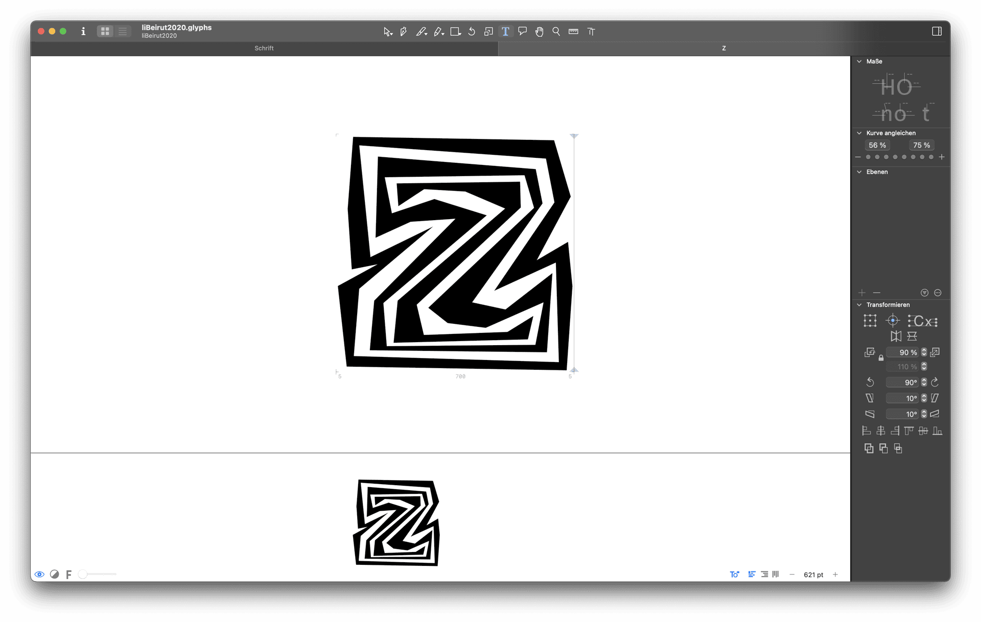 A screenshot of the font design software Glyphs. It shows the letter z drawn in edged shapes in multiple layers.